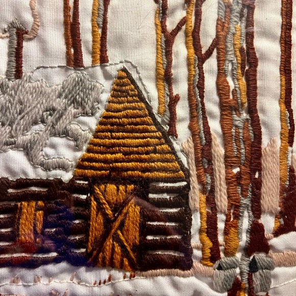 Crewel Embroidery Rustic Cabin Winter Scene Wall Art - Picture 4 of 7